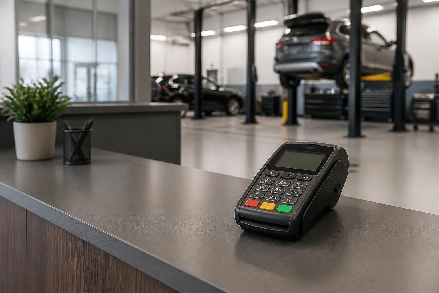Automotive service counter with payment terminal
