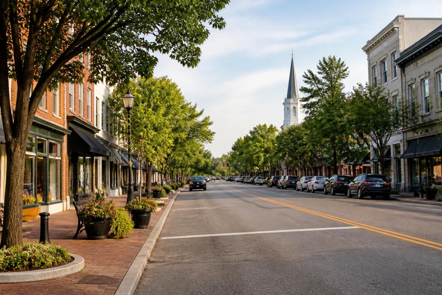 Tree-lined main street scene in Centerville, Ohio