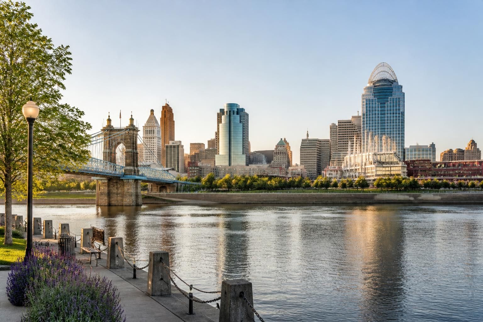 Cincinnati skyline and riverfront in soft natural light