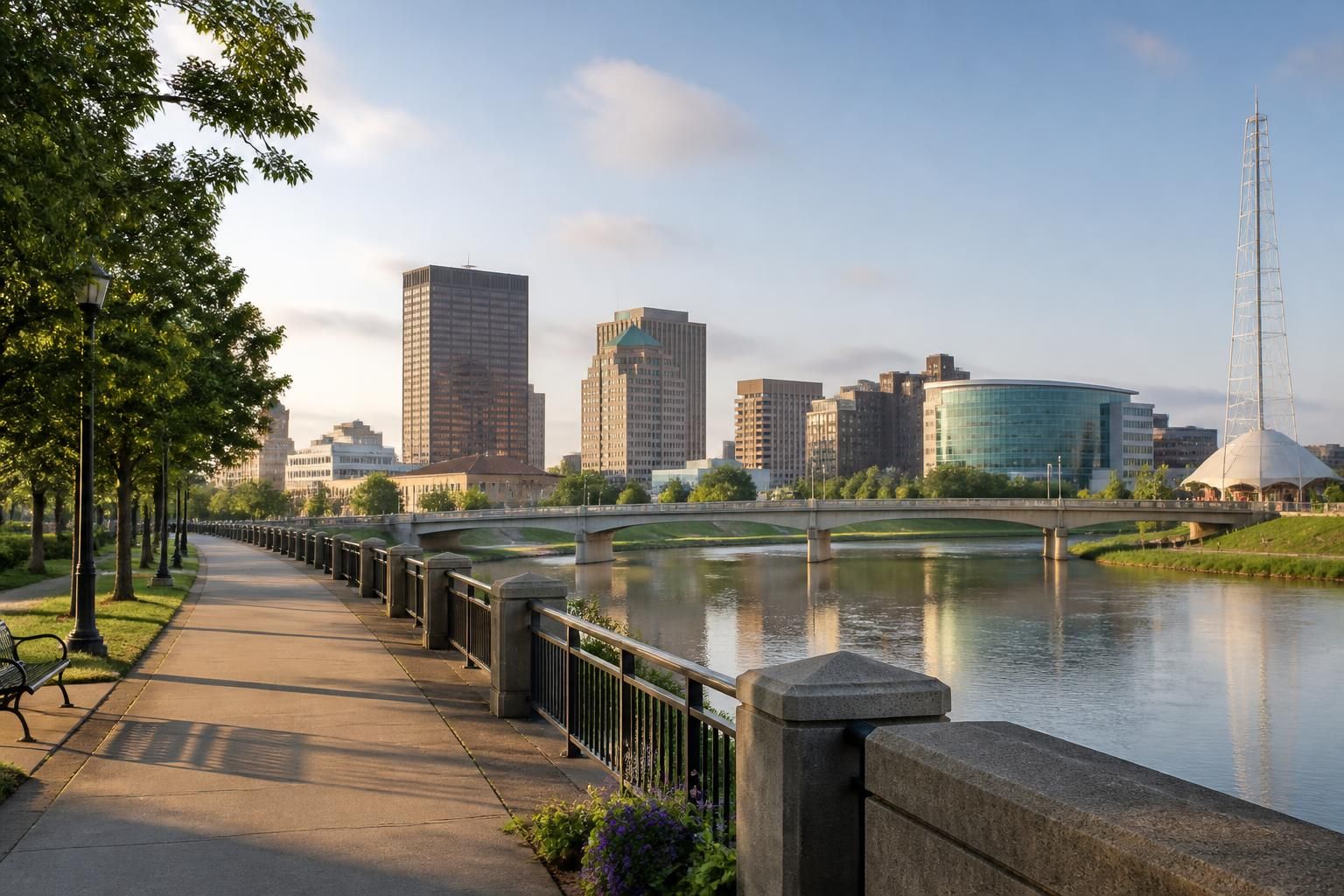 Clean downtown street scene in Dayton, Ohio