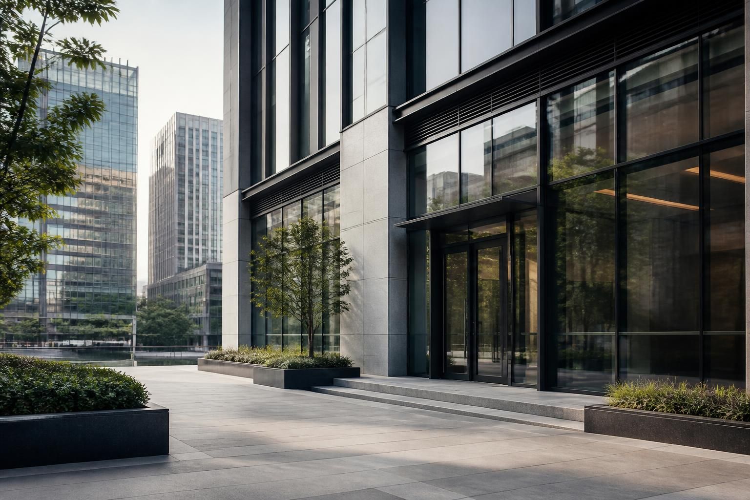Modern financial office building exterior in soft natural light