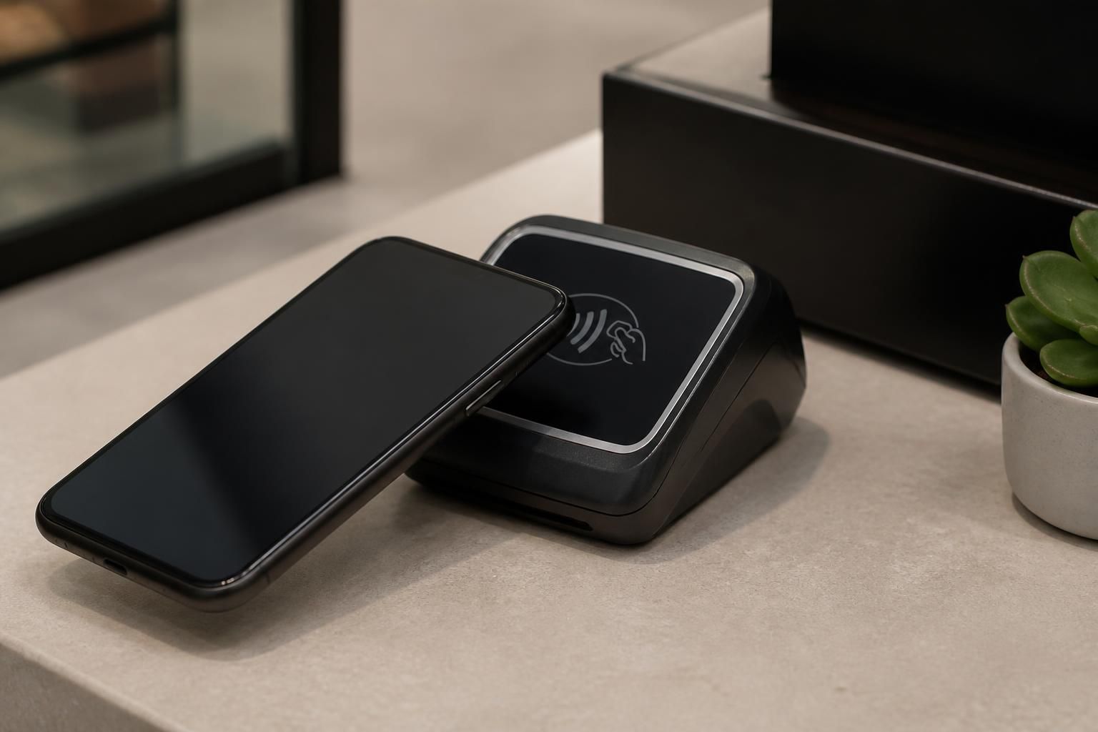Smartphone with contactless payment setup on a clean counter